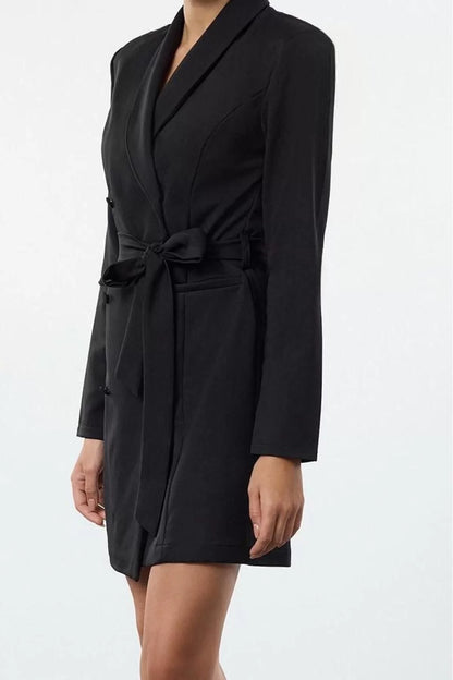 Women Fashion Stylish Mini Length Jacket Collar Regular Belted Shawl Collar Woven Jacket Dress