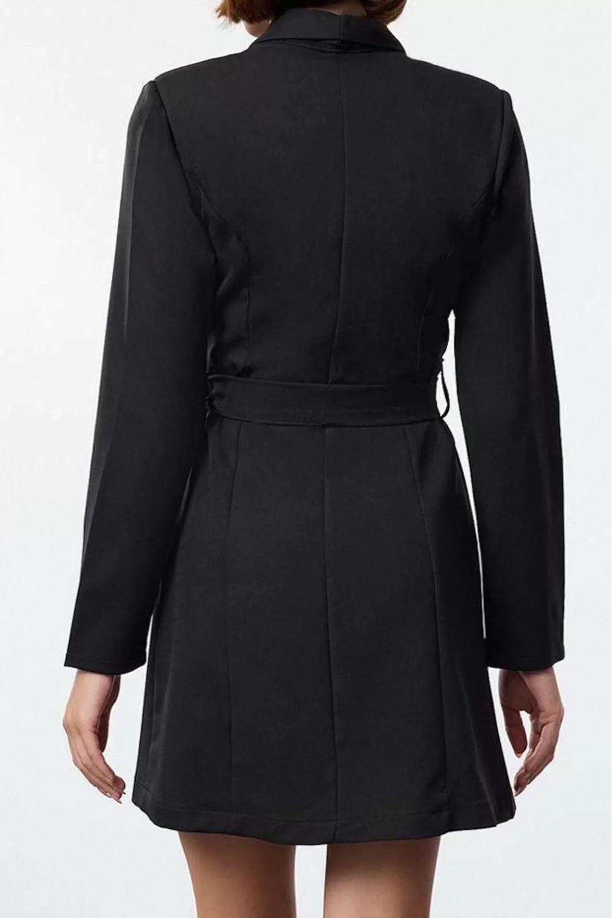 Women Fashion Stylish Mini Length Jacket Collar Regular Belted Shawl Collar Woven Jacket Dress