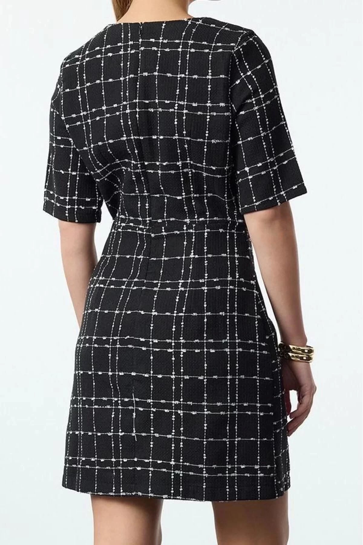 Women Fashion Stylish Mini Length Crew Neck Regular Plaid A Cut Bow Detailed Woven Tweed Dress