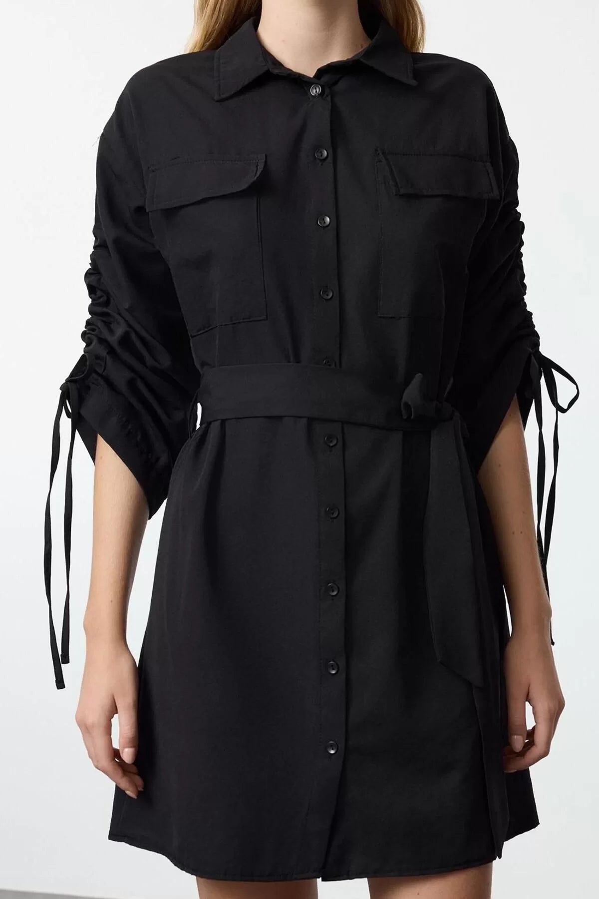 Women's Fashion Stylish Mini Length Shirt Collar Regular Pocket and Gather Detailed Woven Shirt Dress