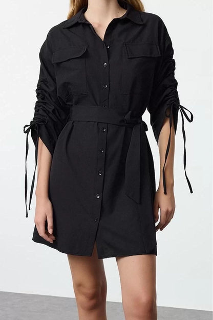 Women's Fashion Stylish Mini Length Shirt Collar Regular Pocket and Gather Detailed Woven Shirt Dress