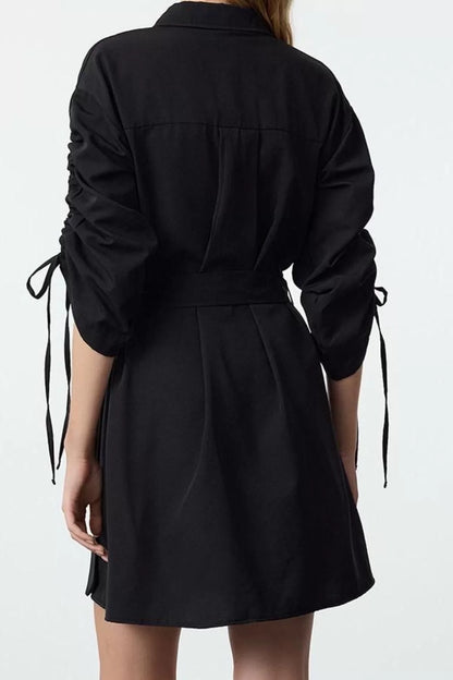 Women's Fashion Stylish Mini Length Shirt Collar Regular Pocket and Gather Detailed Woven Shirt Dress