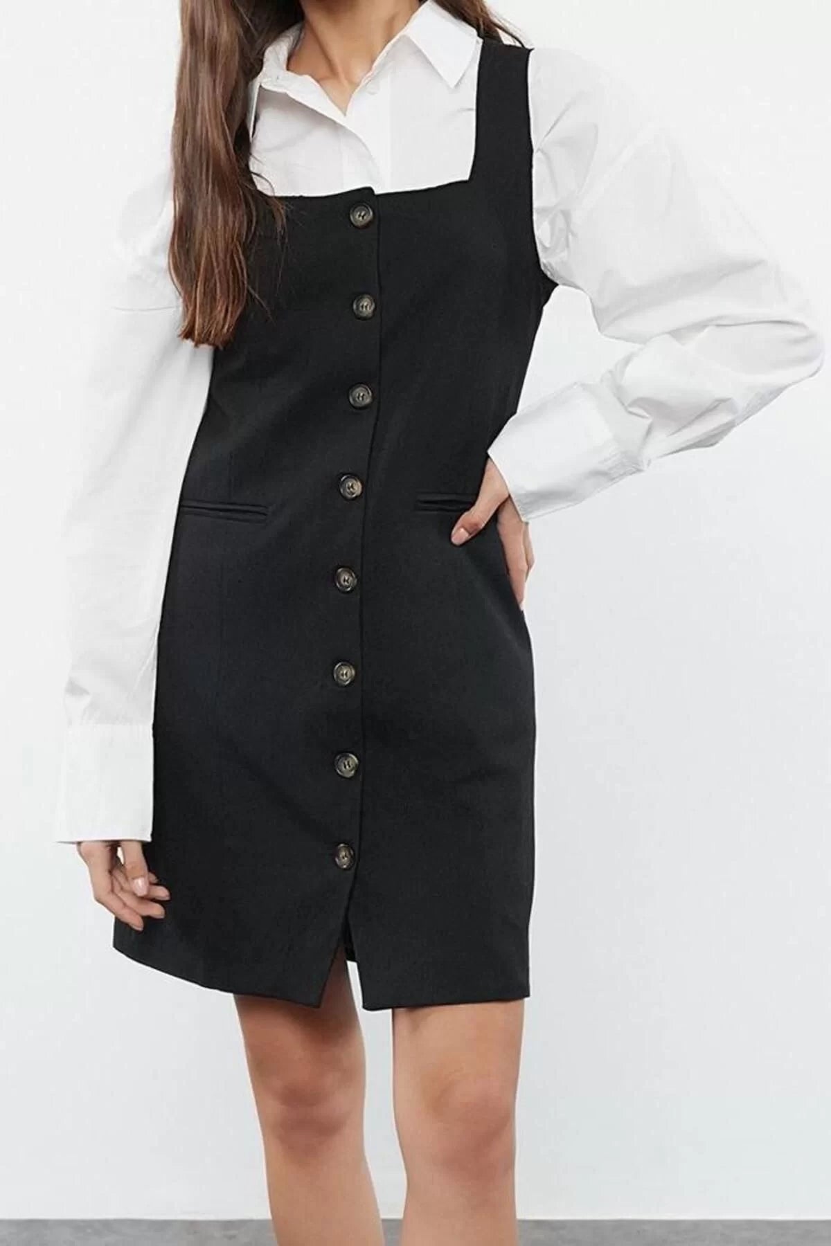 Women Fashion Stylish Mini Length Square Collar Regular Polyviscon Fabric Lined Woven Jacket Dress