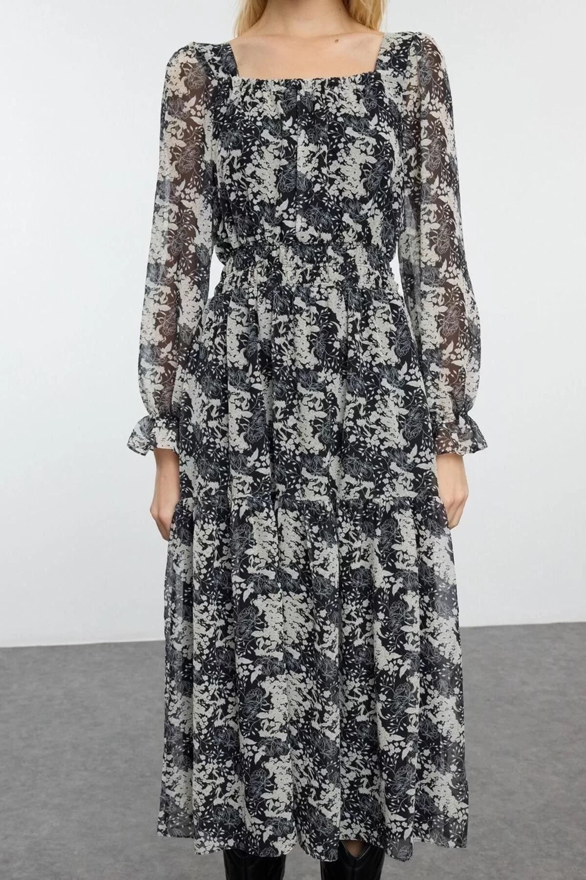 Women Fashion Maxi Length Square Neck Regular Floral Patterned Skater Waist Open Woven Chiffon Lined Dress