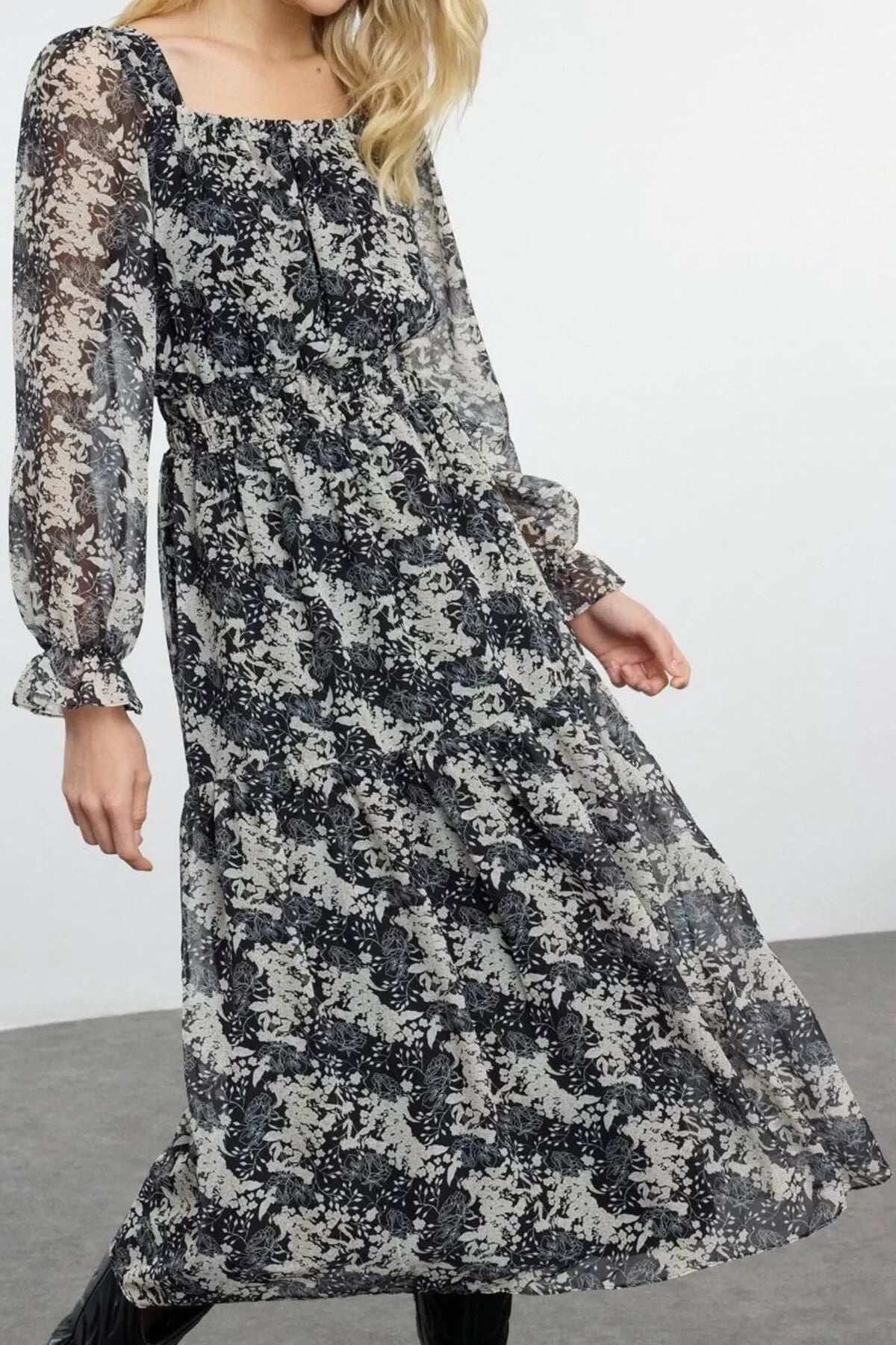 Women Fashion Maxi Length Square Neck Regular Floral Patterned Skater Waist Open Woven Chiffon Lined Dress