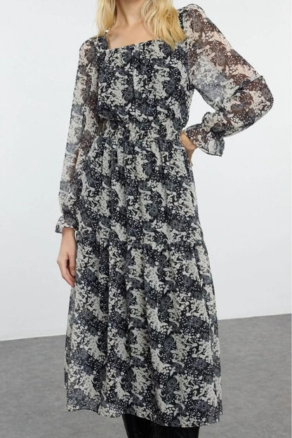 Women Fashion Maxi Length Square Neck Regular Floral Patterned Skater Waist Open Woven Chiffon Lined Dress