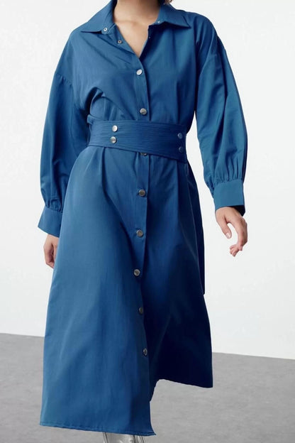 Women's Midi Length Shirt Collar Regular Belted Snap Detail Low Sleeve Wide Pattern Woven Shirt Dress