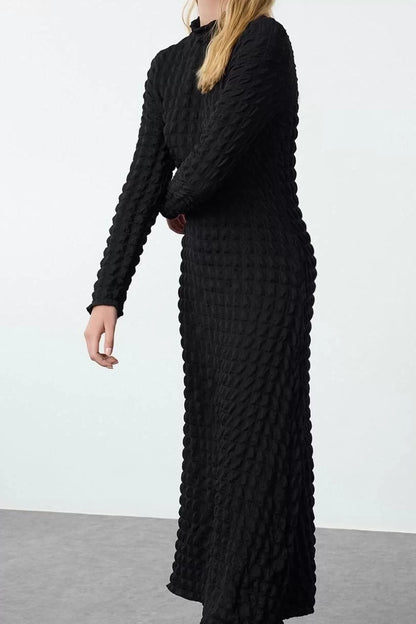 Women Fashion Stylish Maxi Length Crew Neck Regular Plain Textured A-Line Flexible Knitted Dress