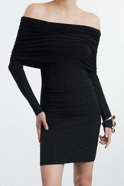 Women Fashion Stylish Mini Length Carmen Collar Slim Fitted Bodycon Long Sleeve Flexible Knitted Dress