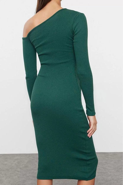 Women Fashion Stylish Midi Length Asymmetrical Collar Slim Fitted Bodycon Elastic Knitted Dress