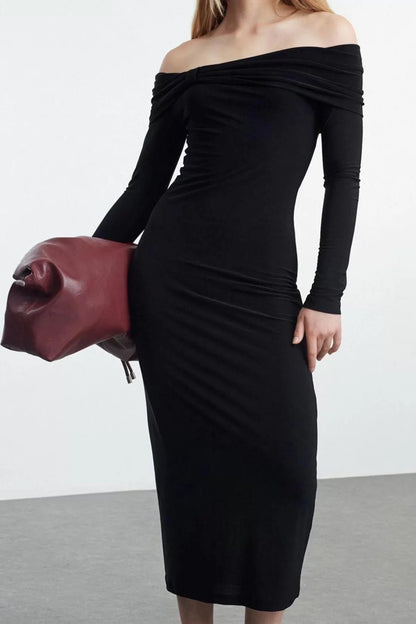 Women Fashion Stylish Midi Length Carmen Collar Slim Fitted Stretchy Knitted Dress