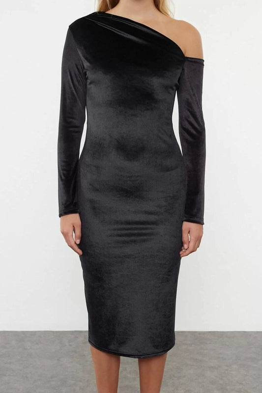 Women Fashion Stylish Midi Length Asymmetrical Collar Slim Plain One Shoulder Detail Draped Fitted Knitted Dress