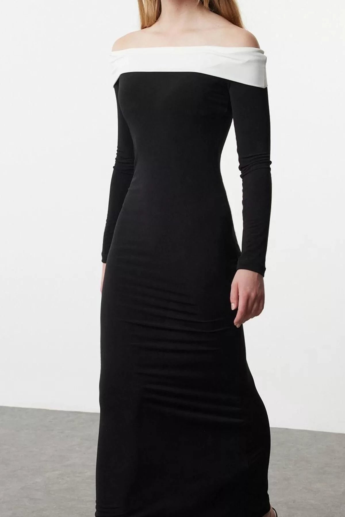 Women Fashion Stylish Maxi Length Carmen Collar Slim Color Block Fitted Body Stretchy Knit Dress