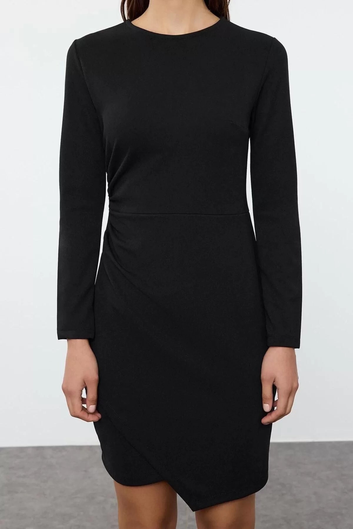 Women's Mini Length Crew Neck Slim Plain Gathered Drape Detailed Bodycone Body-Smoothing Flexible Knitted Dress