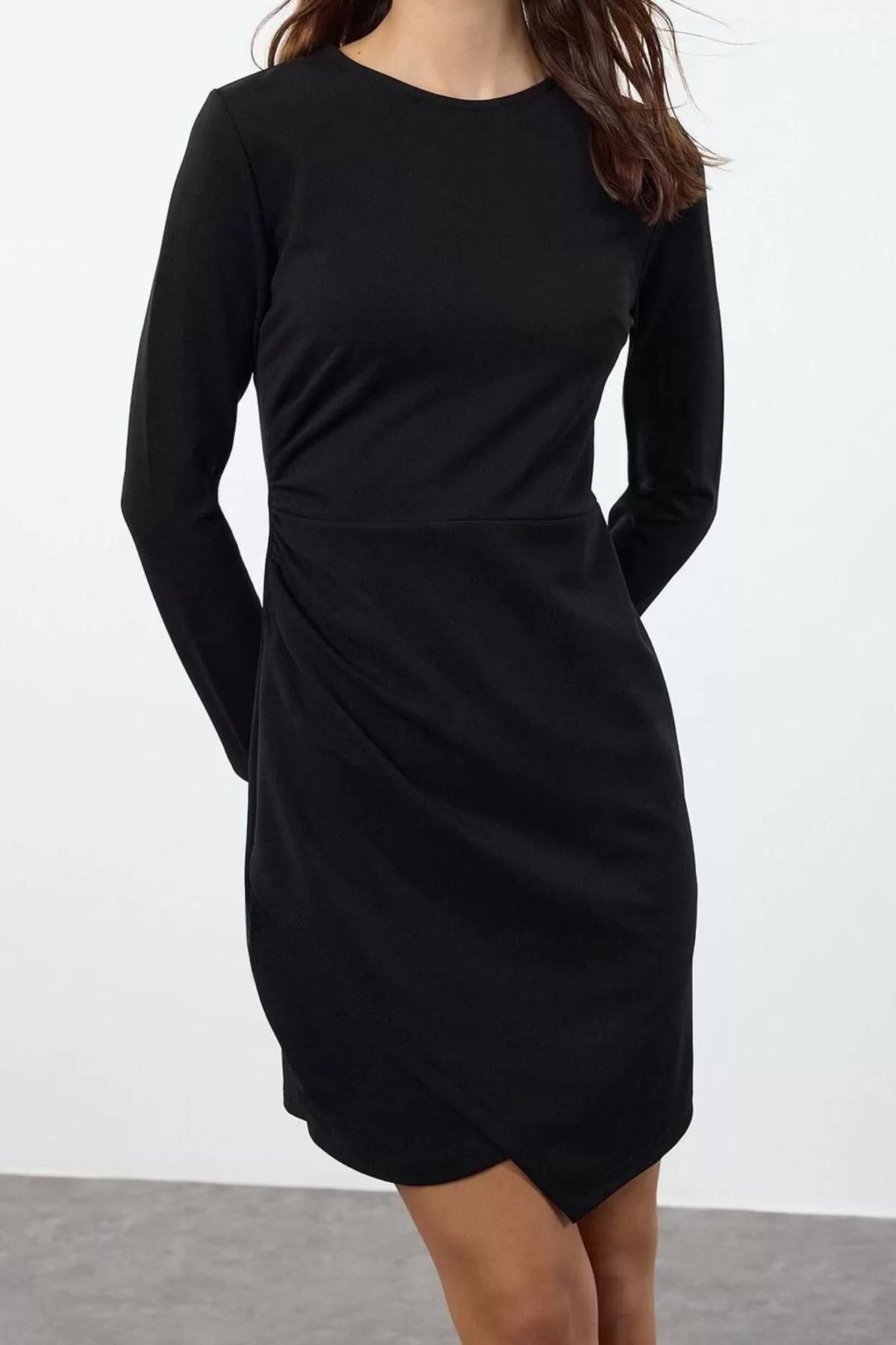 Women's Mini Length Crew Neck Slim Plain Gathered Drape Detailed Bodycone Body-Smoothing Flexible Knitted Dress