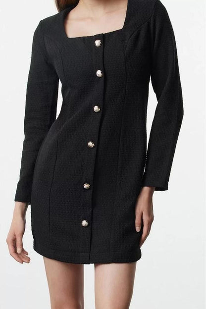 Women Fashion Stylish Mini Length Square Collar Regular Tweed Woven Jacket Dress