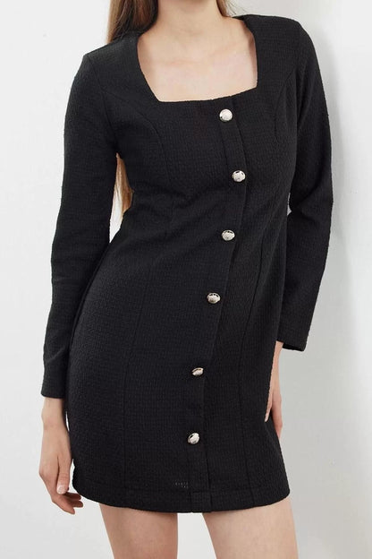 Women Fashion Stylish Mini Length Square Collar Regular Tweed Woven Jacket Dress