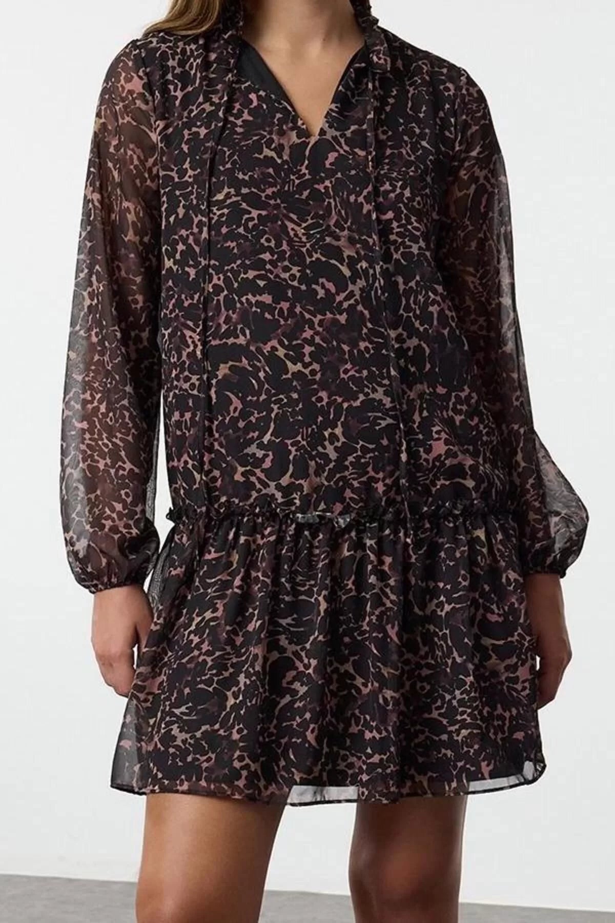 Women Fashion Stylish Mini Length Stand Collar Regular Leopard Patterned Plain Pattern Lined Chiffon Woven Winter Dress