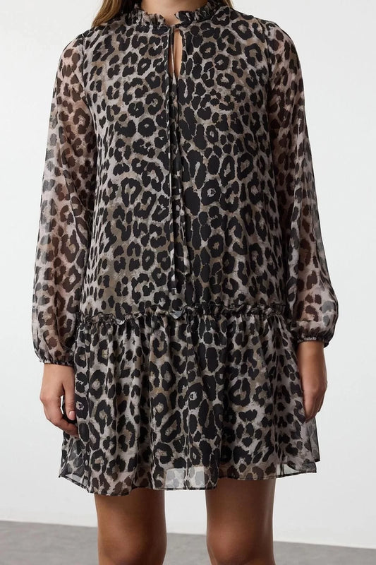 Women Fashion Stylish Mini Length Stand Collar Regular Leopard Patterned Plain Pattern Lined Chiffon Woven Winter Dress