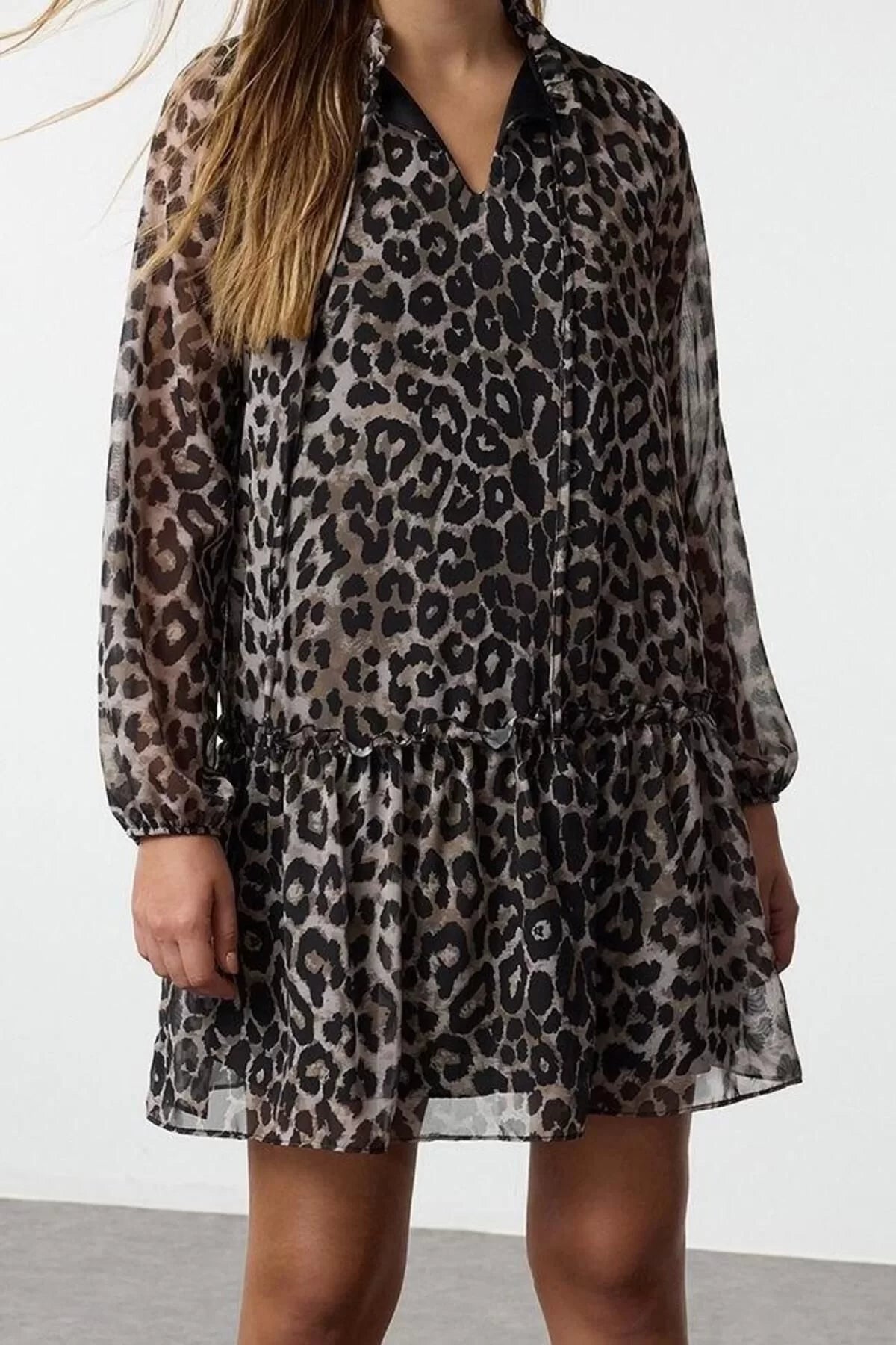 Women Fashion Stylish Mini Length Stand Collar Regular Leopard Patterned Plain Pattern Lined Chiffon Woven Winter Dress