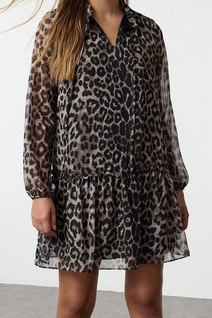 Women Fashion Stylish Mini Length Stand Collar Regular Leopard Patterned Plain Pattern Lined Chiffon Woven Winter Dress