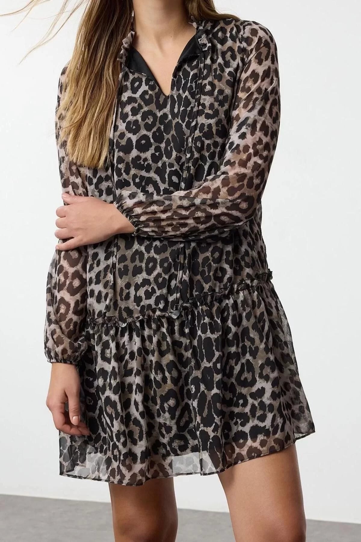 Women Fashion Stylish Mini Length Stand Collar Regular Leopard Patterned Plain Pattern Lined Chiffon Woven Winter Dress