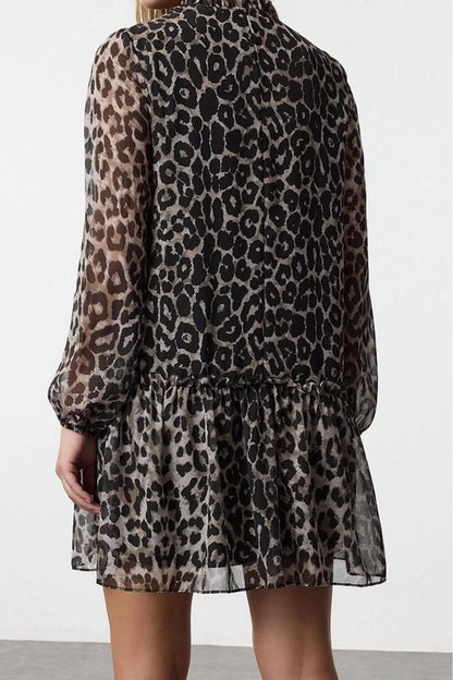 Women Fashion Stylish Mini Length Stand Collar Regular Leopard Patterned Plain Pattern Lined Chiffon Woven Winter Dress