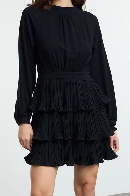 Women Fashion Stylish Mini Length Stand Collar Regular Skater Pleated Woven Dress Opening from Waist