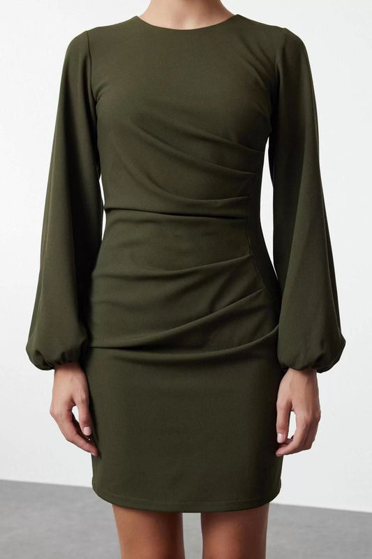 Women's Fashion Mini Length Crew Neck Regular Fitted Drape Detail Balloon Sleeve Woven Dress