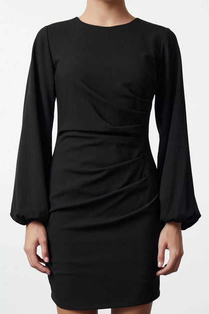 Women's Fashion Mini Length Crew Neck Regular Fitted Drape Detail Balloon Sleeve Woven Dress