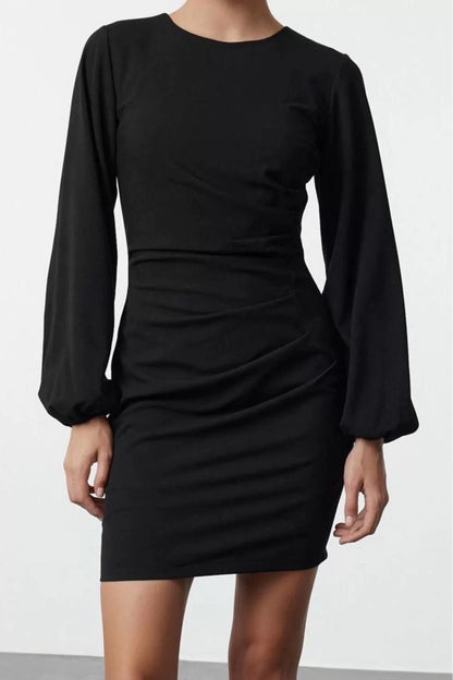 Women's Fashion Mini Length Crew Neck Regular Fitted Drape Detail Balloon Sleeve Woven Dress