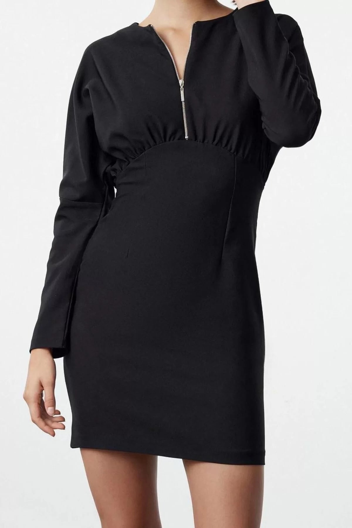 Women Fashion Stylish Mini Length Crew Neck Fitted Body-Smoothing Zipper Detailed Woven Dress