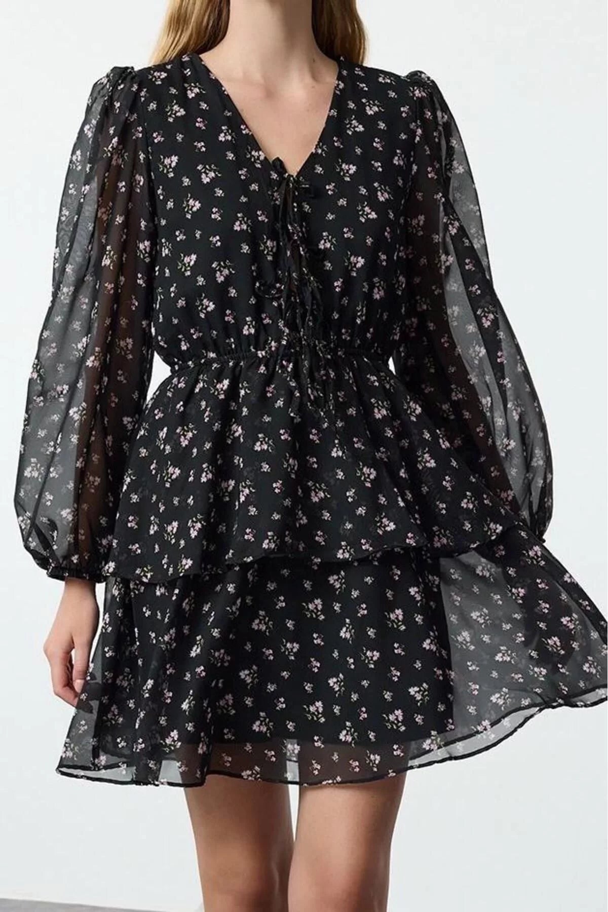 Women's Mini V Neck Polka Dot Patterned Skirt Opening from Waist with Bow Collar Detail Chiffon Woven Dress