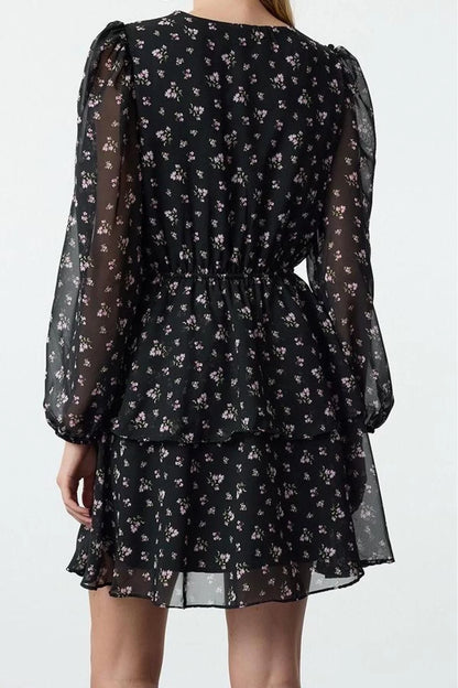 Women's Mini V Neck Polka Dot Patterned Skirt Opening from Waist with Bow Collar Detail Chiffon Woven Dress