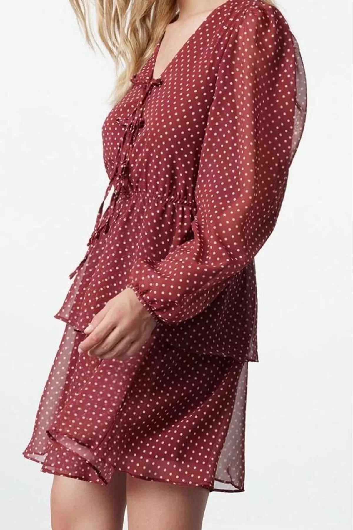 Women's Mini V Neck Polka Dot Patterned Skirt Opening from Waist with Bow Collar Detail Chiffon Woven Dress