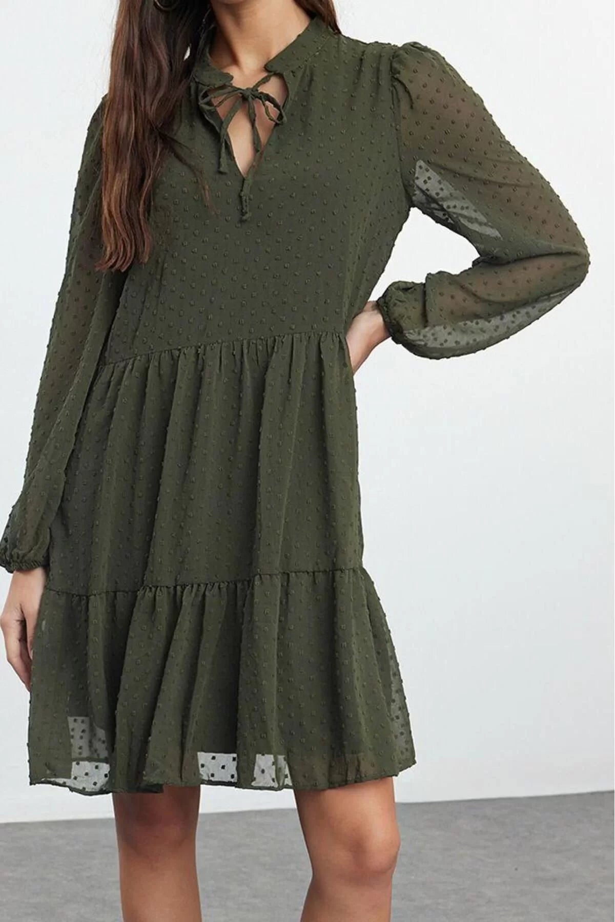 Women Fashion Stylish Mini Length Stand Collar Regular Plain Wide Cut Polka Dot Chiffon Fabric Woven Winter Dress