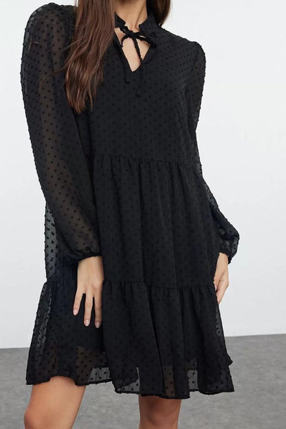 Women Fashion Stylish Mini Length Stand Collar Regular Plain Wide Cut Polka Dot Chiffon Fabric Woven Winter Dress