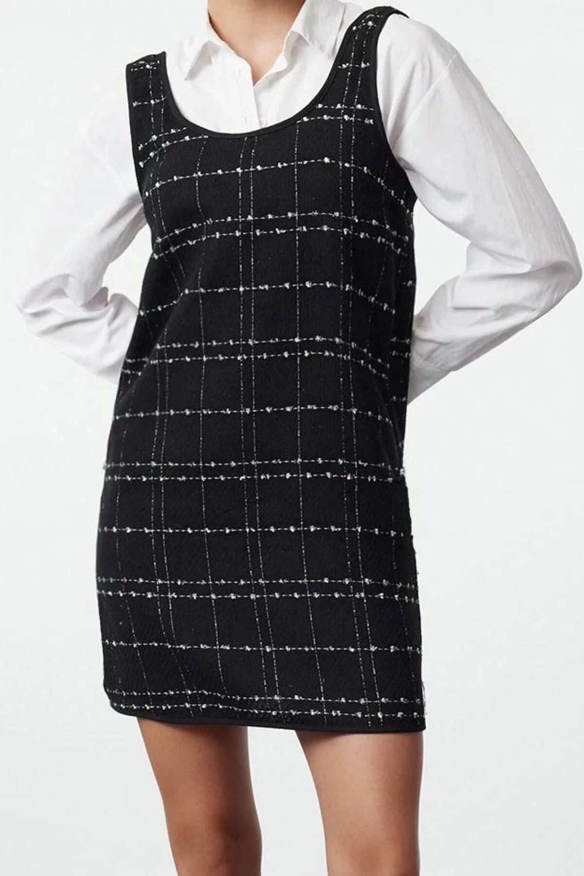 Women Fashion Stylish Mini Length U Neck Regular Plaid Checked Tweed Vest Woven Dress