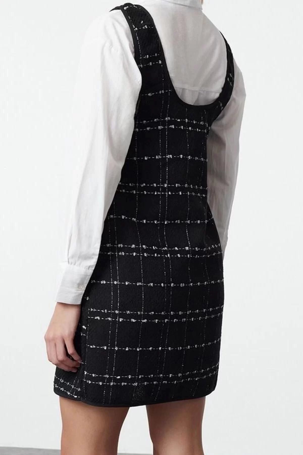 Women Fashion Stylish Mini Length U Neck Regular Plaid Checked Tweed Vest Woven Dress