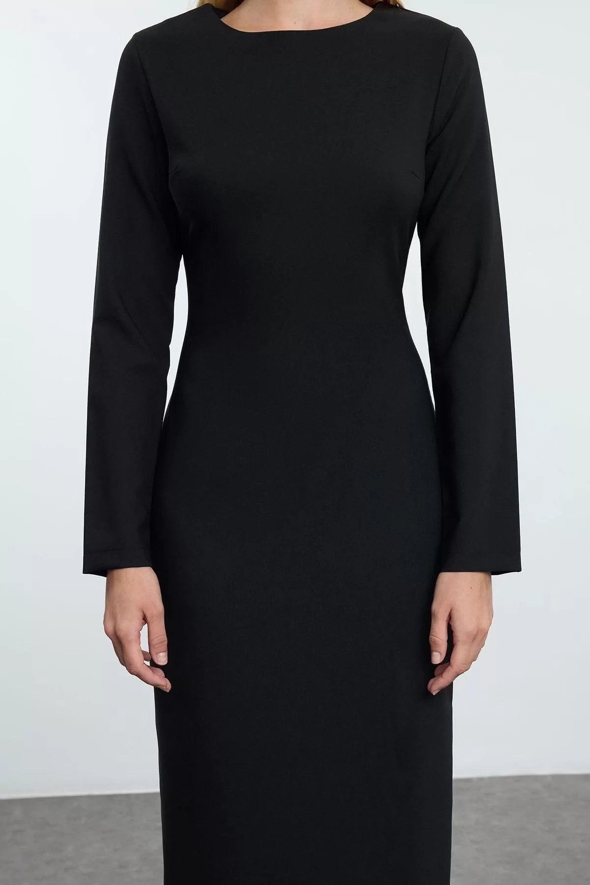 Women Fashion Stylish Midi Length Crew Neck Regular Bodycon Woven Dress