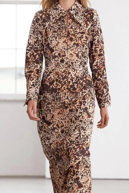 Women Fashion Stylish Maxi Length Shirt Collar Regular Limited Edition Leopard Woven Dress