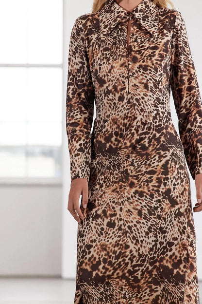 Women Fashion Stylish Maxi Length Shirt Collar Regular Limited Edition Leopard Woven Dress