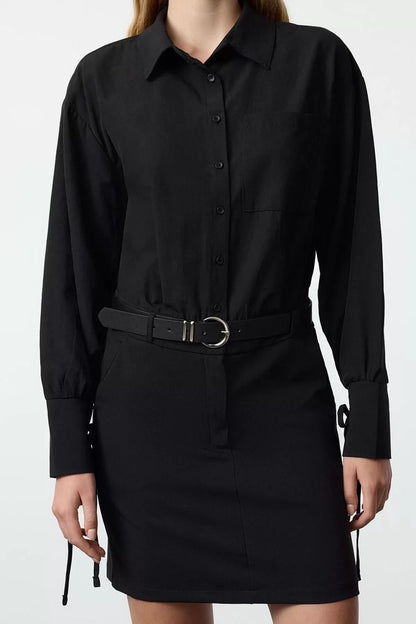 Women Fashion Stylish Mini Length Shirt Collar Regular Limited Edition Belted Woven Dress