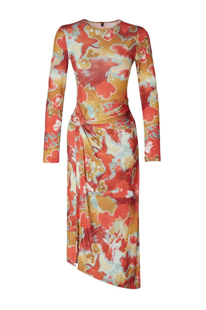 Women's Midi Length Fitted Limited Edition Printed Body-Smoothing Elastic Knit Dress with Tie Detail