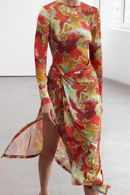 Women's Midi Length Fitted Limited Edition Printed Body-Smoothing Elastic Knit Dress with Tie Detail