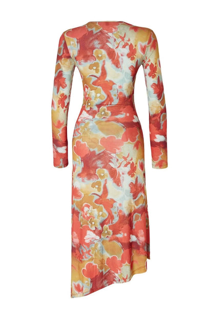 Women's Midi Length Fitted Limited Edition Printed Body-Smoothing Elastic Knit Dress with Tie Detail