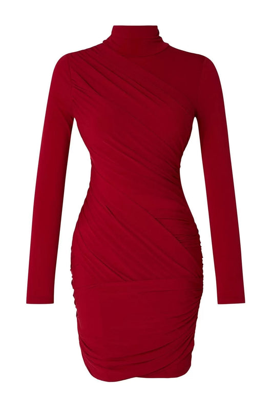 Women Fashion Stylish Mini Length Stand Collar Slim Limited Edition Fitted Stretchy Knitted Dress