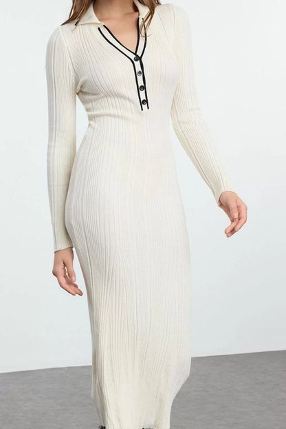 Women Fashion Stylish Midi Length Polo Neck Slim Stone Color Block Knitwear Premium Yarn Special Yarn Dress