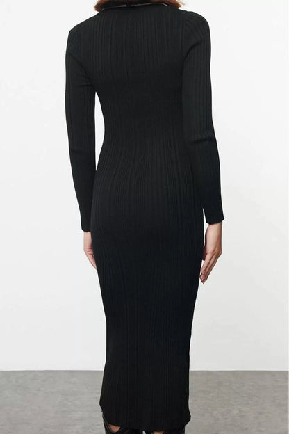 Women Fashion Stylish Midi Length Polo Neck Slim Stone Color Block Knitwear Premium Yarn Special Yarn Dress