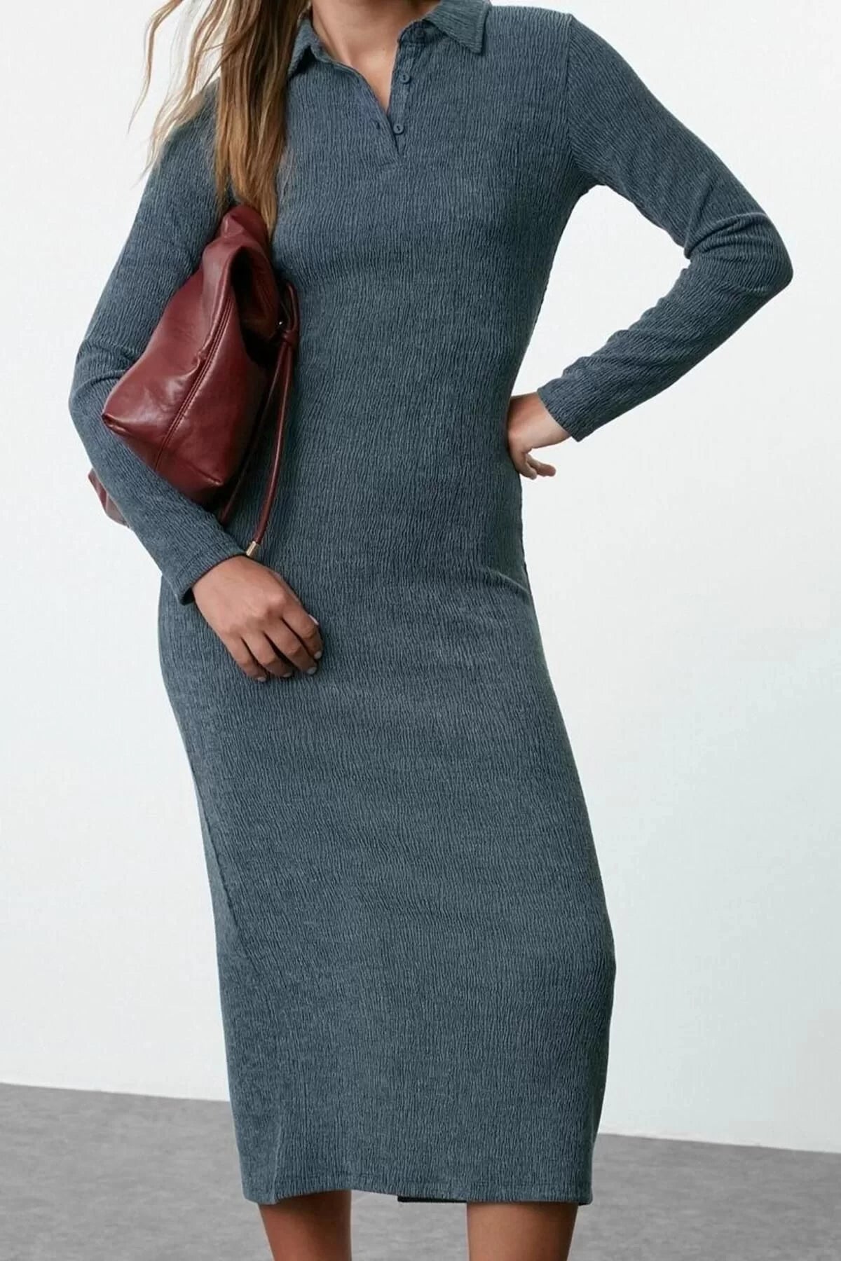 Women Fashion Stylish Maxi Length Polo Neck Fitted Plain Bodycone Textured Button Detail Knitted Dress